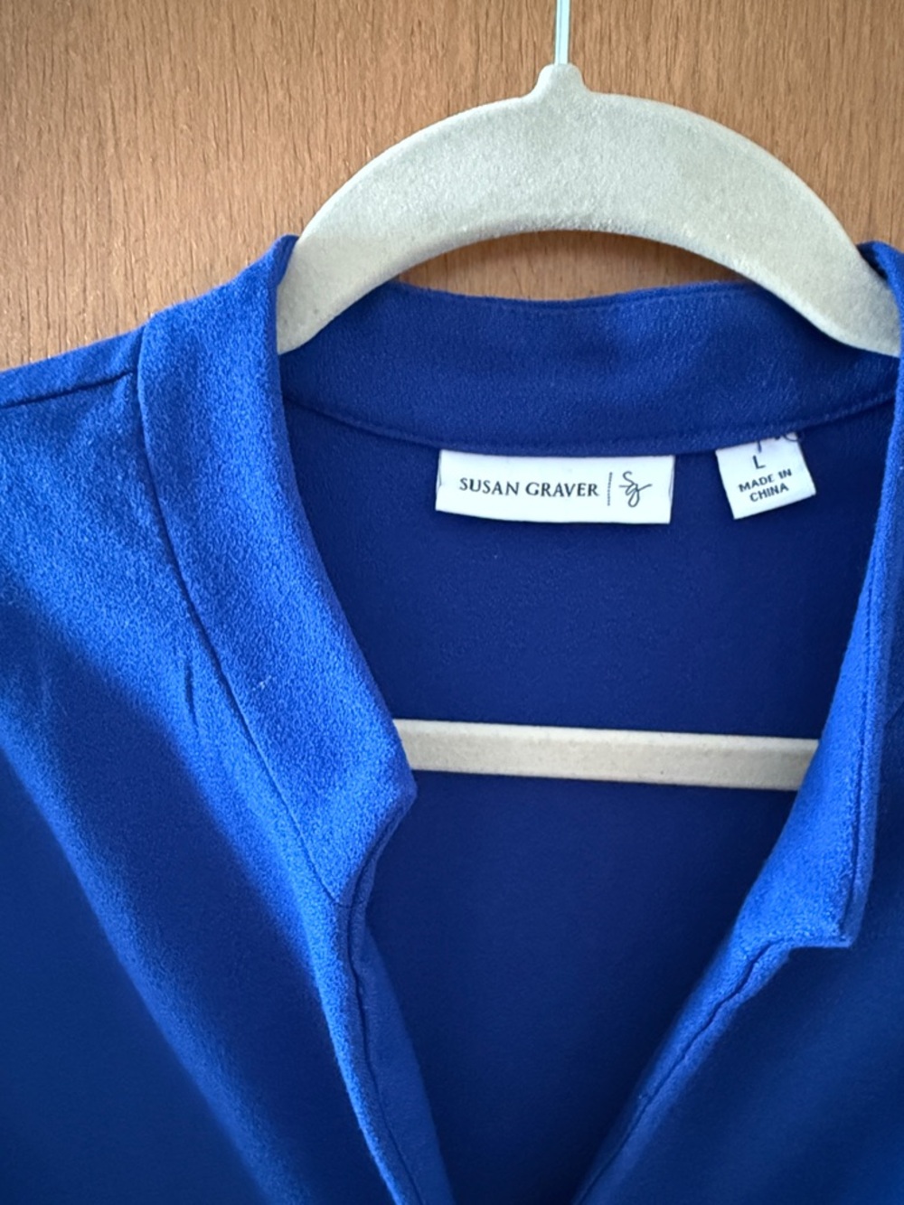 Susan Graver Blue Button‑Front Top – Mandarin Collar, Size Large - Picture 3 of 5